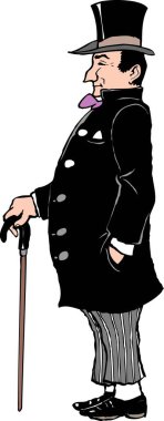 Silindir şapkalı ve paltolu Viktorya dönemi beyefendisinin klasik çizgi film çizimi..
