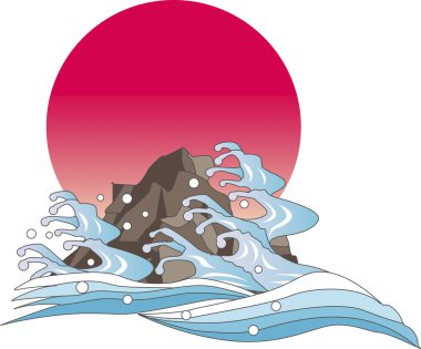 Japon sanatında kırmızı güneş ve mavi okyanus dalgaları yer alıyor..