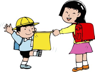 Sırt çantaları taşıyan, sarı bayrak sallayan çocuklar.