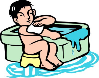 Çizgi filmlerde banyo yapan bir çocuğun resmi.