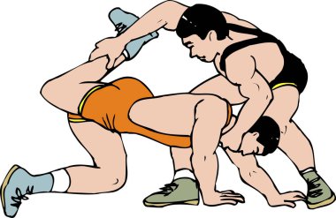 İki erkek sporcu güreşiyor, çizgi film çizimleri.