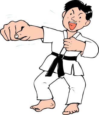 Asyalı adam karate yapıyor, beyaz arka planda karikatür çizimi.