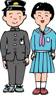 Çizgi film karakteri ve üniformalı bir kızın vektör çizimi.