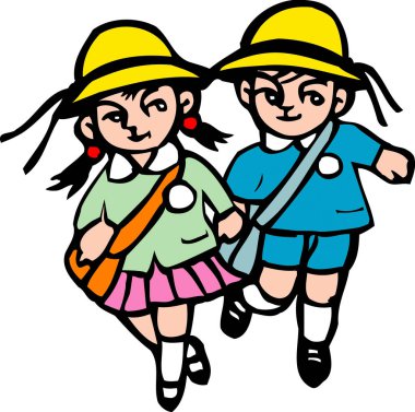 Şapkalı bir kız ve oğlanın resmi. 