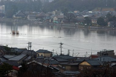 Sakin nehir kenarı köyü bulutlu gökyüzünün altındaki ağaçları yansıtıyor.