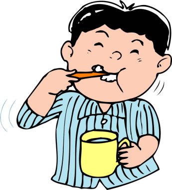 Diş fırçalayan bir çocuğun karikatür çizimi. 