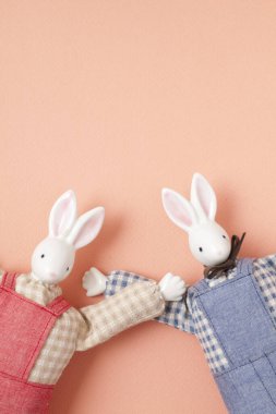 Pastel arka planda iki yumuşak el yapımı tavşan. 