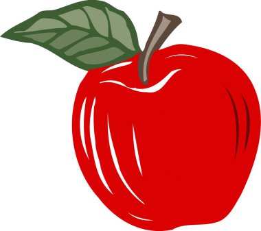 Yeşil yapraklı kırmızı elma, beyaz arkaplanda resimleme