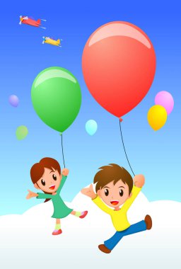 Çocuklar renkli balonlarla oynuyorlar.