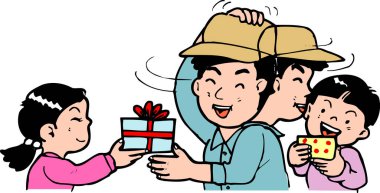 Gülümseyen çocuklar mutlu adamlara hediyeler veriyor.