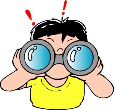 Çocuk beyaz arka planda izole edilmiş dürbünlere bakıyor.  