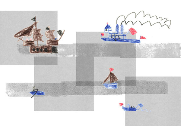 A sketch shows four vessels of different sizes sailing on overlapped gray waters.
