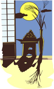 Geleneksel Japon fenerinin arkasında parlayan sarı ay