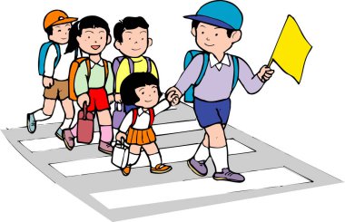 Okul üniformalı okul çocukları yolda zebrayı geçiyor. karikatür çizimi 