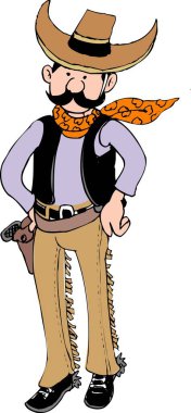 Kovboy şapkası ve yeleği takan büyük bıyıklı bir kovboyun resmi..