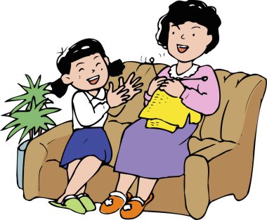 Gülümseyen kadın neşeli genç kızın yanında örgü örüyor.