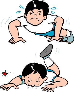 Çocuk şınav çekmekte zorlanıyor, sonra düşüyor.