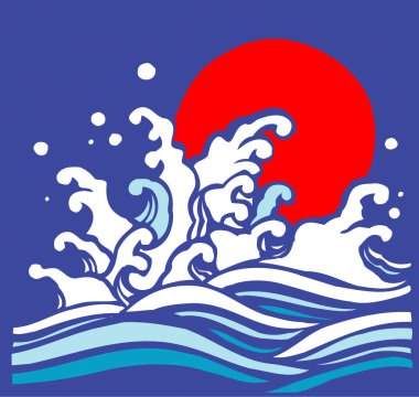 Japon tarzı kırmızı güneş ve mavi okyanus dalgaları sanatı 