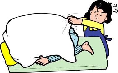 Çizgi filmci çocuk yastığın altında uyuyor ve annesi onu uyandırmaya çalışıyor. 