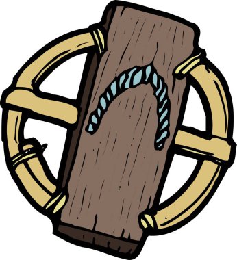 Sade, renkli bir resimde, dokuma bambudan yapılmış dairesel bir çerçeveye bağlanmış, kamış kayışlı tek bir tahta sandalet..