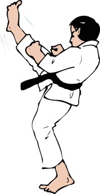Asyalı adam karate yapıyor, beyaz arka planda karikatür çizimi.