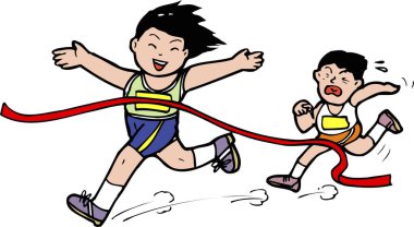 Çocuklar heyecanlı bir şekilde kırmızı bitiş çizgisini geçiyor