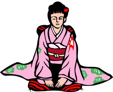 Kimonolu Japon kadın resimde oturuyor. 