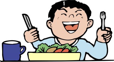 Sağlıklı yemek yiyen bir çizgi film çocuğu. resimleme 