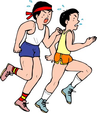 İki sporcunun karikatürü, beyaz üzerine izole edilmiş. 