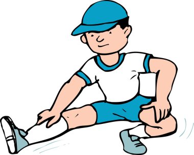 Çocuk beyaz arka planda esneme egzersizi yapıyor. 