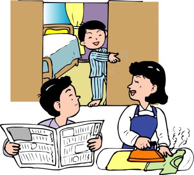 Kadın ütü yapıyor, adam gazete okuyor, odaya giriyor.