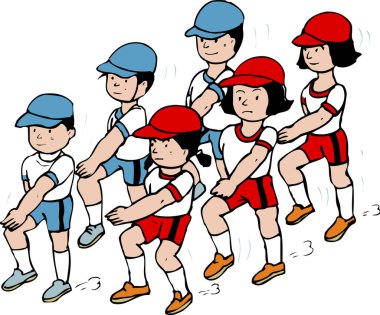 Çocuklar renkli üniformalar giyerek grup egzersizi yapıyorlar.