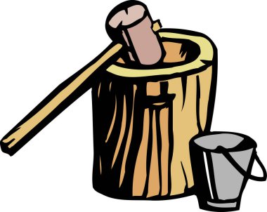 Geleneksel olarak ahşap bir havan topu ve küçük bir kova ile tokmak çizimi.