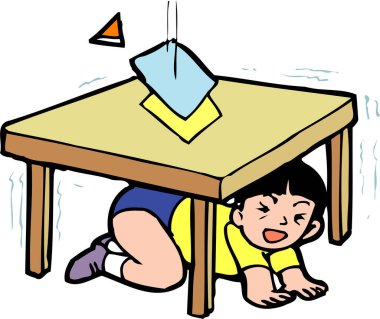 Deprem sırasında ahşap masanın altında saklanan gülümseyen çocuk.