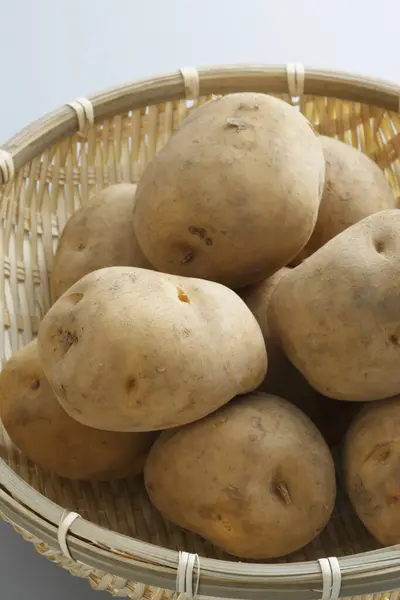 Close Fresh Potatoes Basket Background — Stock Photo, Image