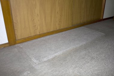 Yerde gri halı ve ahşap kapı.