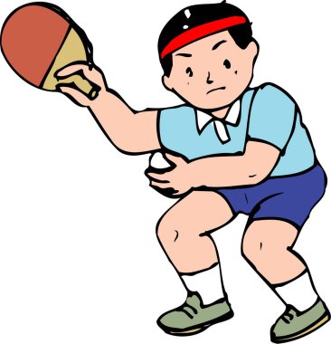 Atletik şortlu, kırmızı bantlı, masa tenisi oynayan bir erkek resmedilmiş..
