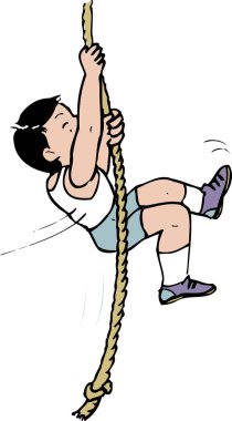 Genç çocuk aktivite sırasında kalın ipe tırmanıyor.