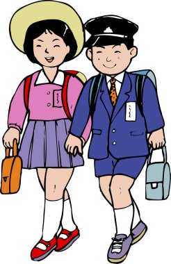 Okula giden bir kız ve erkek çocuğunun resmi.