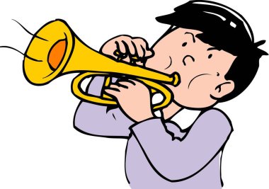 Altın trompet çalan yüzü şişmiş bir gencin resmi..