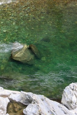 Arka planda dağ olan güzel bir nehrin dikey görüntüsü.