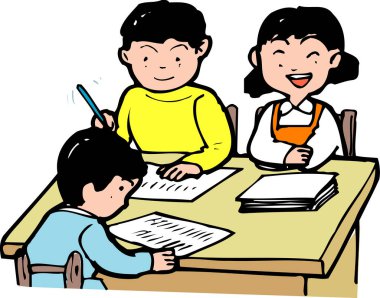 Masada oturan üç çocuk ödev yazıyor.