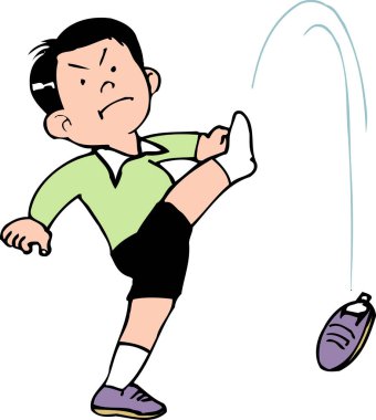 Kızgın çocuk ayakkabıyı havada tekmeliyor.