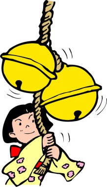 Kimonolu birinin neşeli bir tasviri. İple büyük çanlar çalıyor..