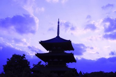 Japonya 'da gün batımında tapınağın silueti.