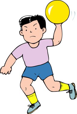 Çocuk ileri koşarken sarı top atıyor.