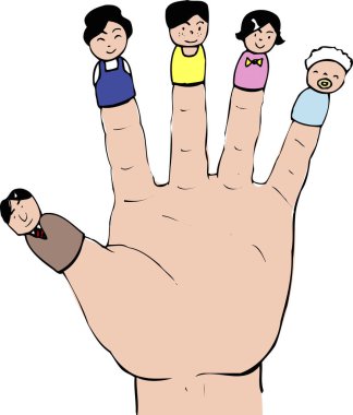 Parmak uçlarında aile yüzleri olan çizgi film parmakları.