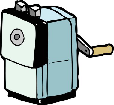 Açık mavi ve bej bir vücudu olan, el kumandalı bir kalem açacağının oyuncu bir çizimi.