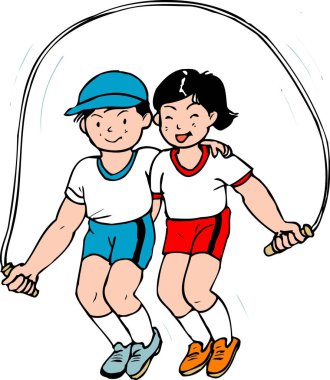 Dışarıda iki gülen çocuk birlikte ip atlıyor.