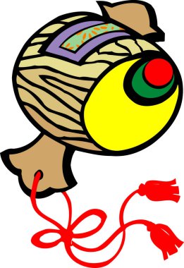 Renkli desenleri ve kırmızı püskülleri olan geleneksel bir Japon şanslı tokmağının çizimi..